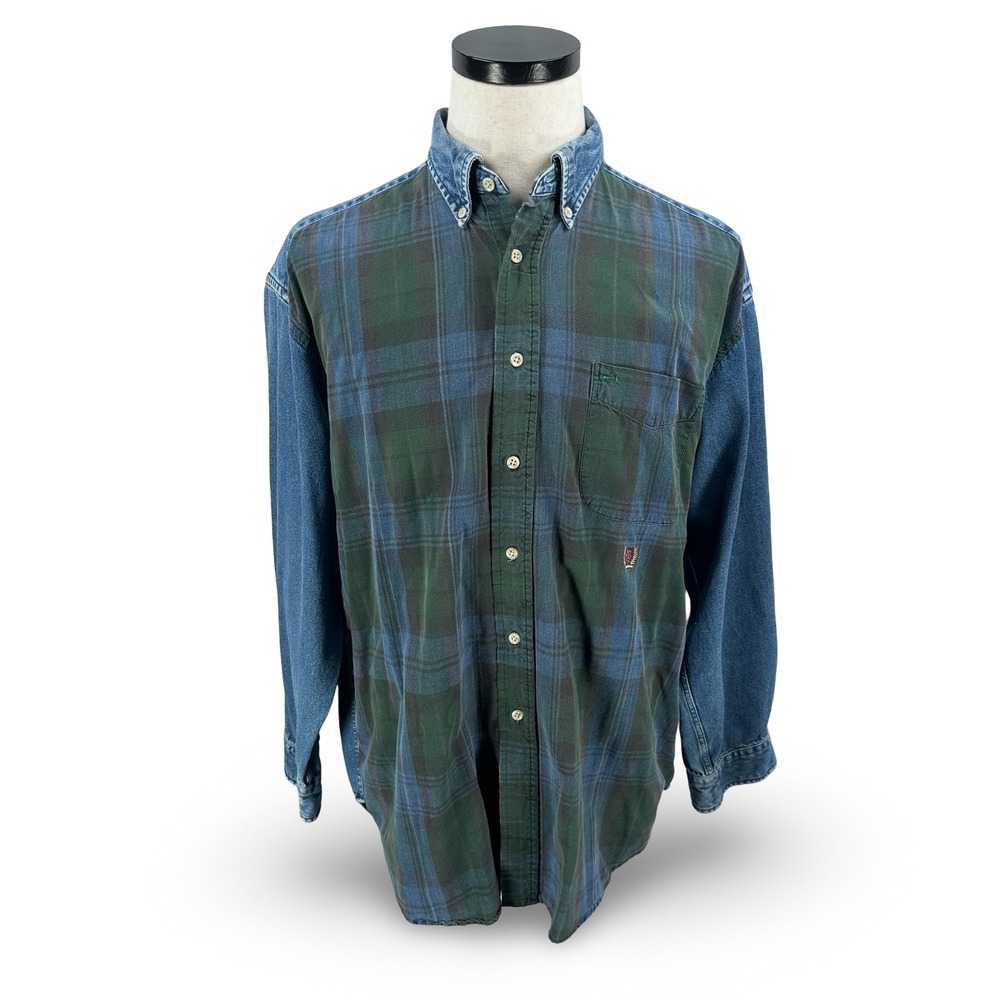 Vintage Tommy Hilfiger Mens Plaid Denim Button Shirt Blue Green Large‎ Crest 90s
